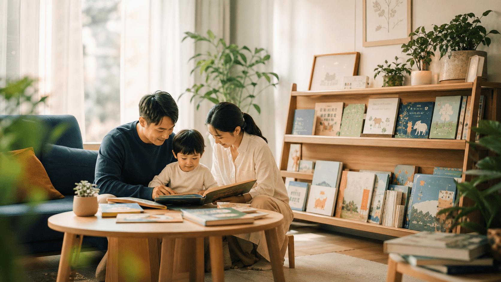 家庭阅读角中家长陪孩子阅读英文绘本